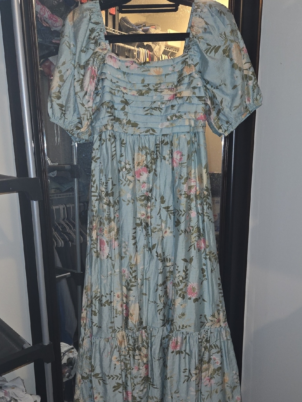 Blue Floral Maxi Dress with Puff Sleeves